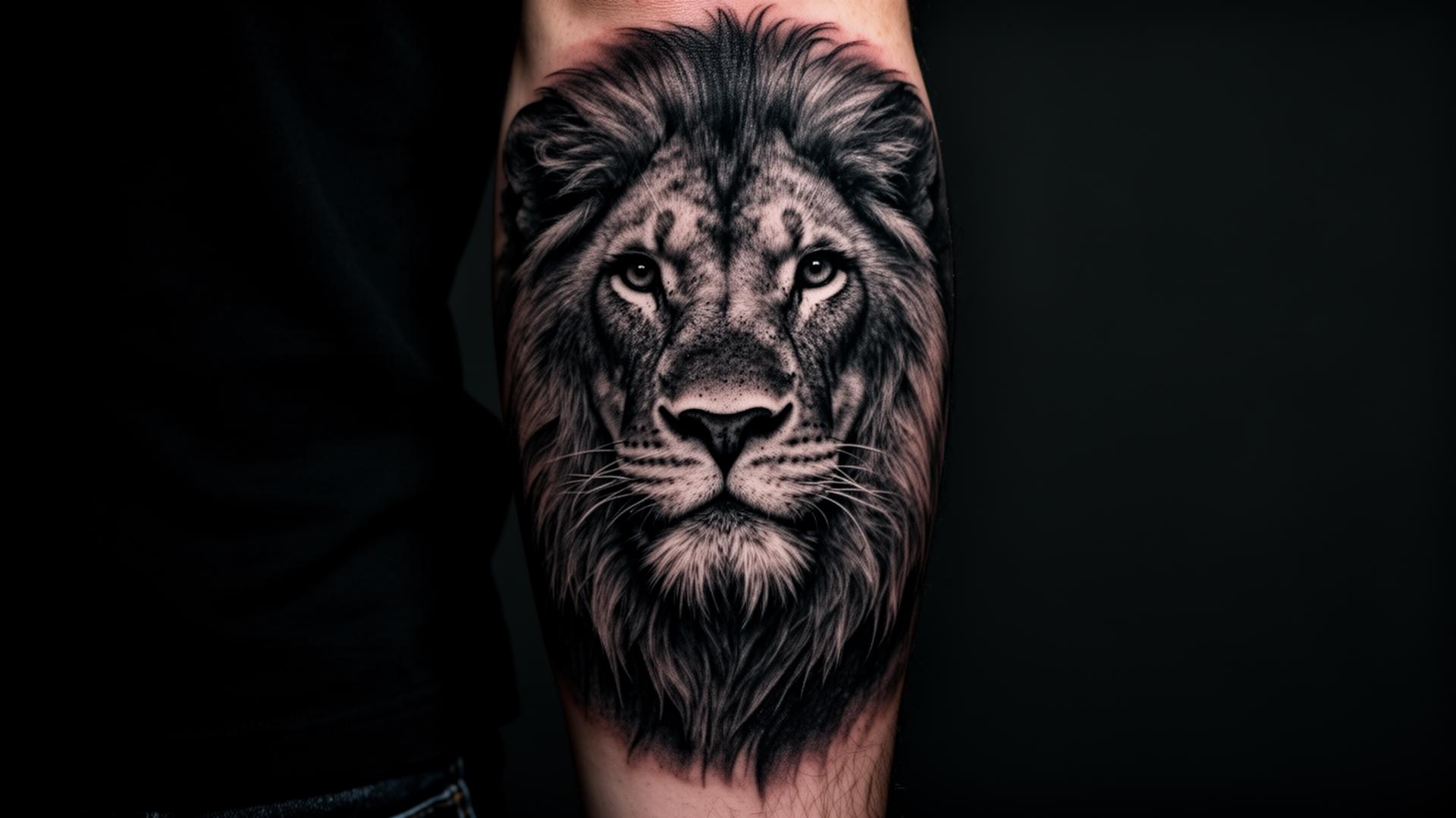 Tatuagem realista de leão em Black & Grey